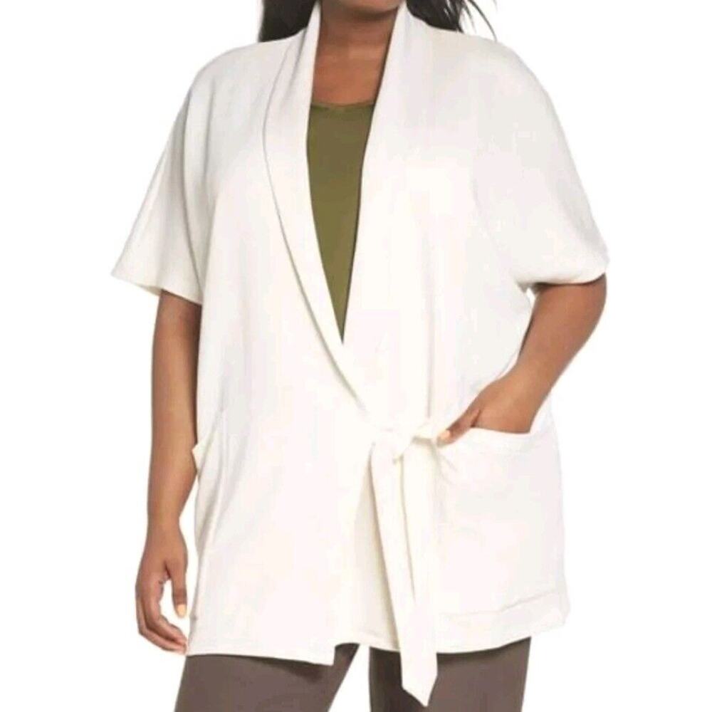 Eileen Fisher Terry Drape Neck Side Tie Kimono Wrap Jacket Organic Cotton L / XL